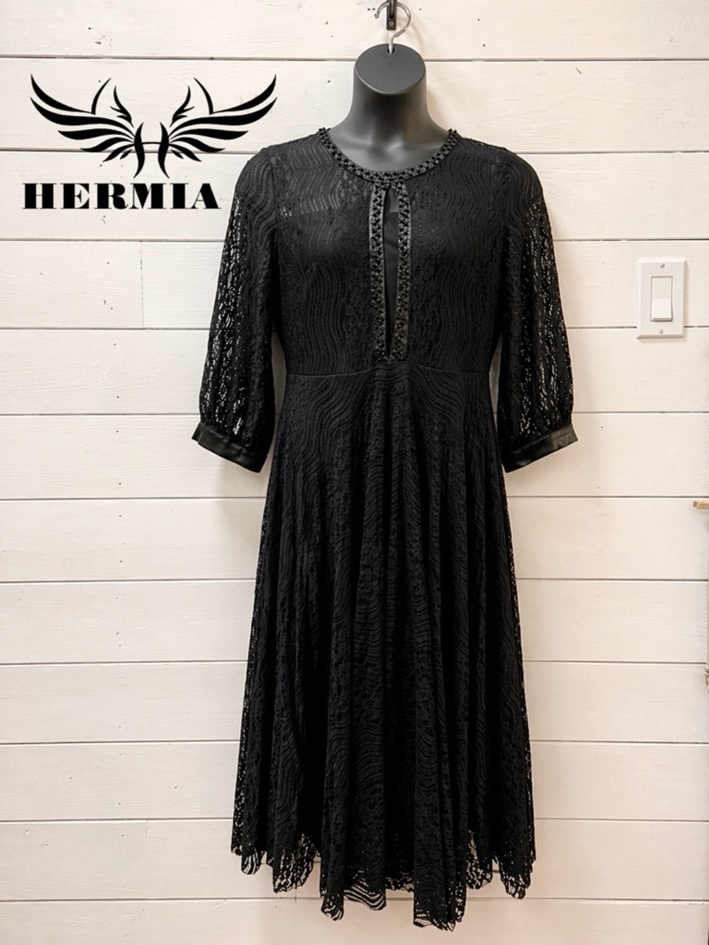 HERMIA Black Lace Midi Evening Dress Size 48 European Boutique